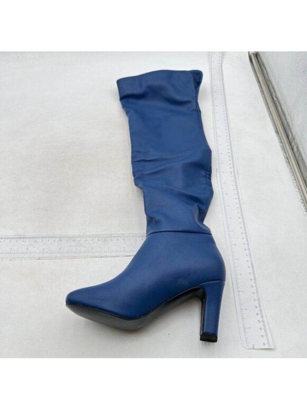 Navy Women Fashion Thigh High Long Boots Closed Toe Chunky Heel Fall Winter Shoe